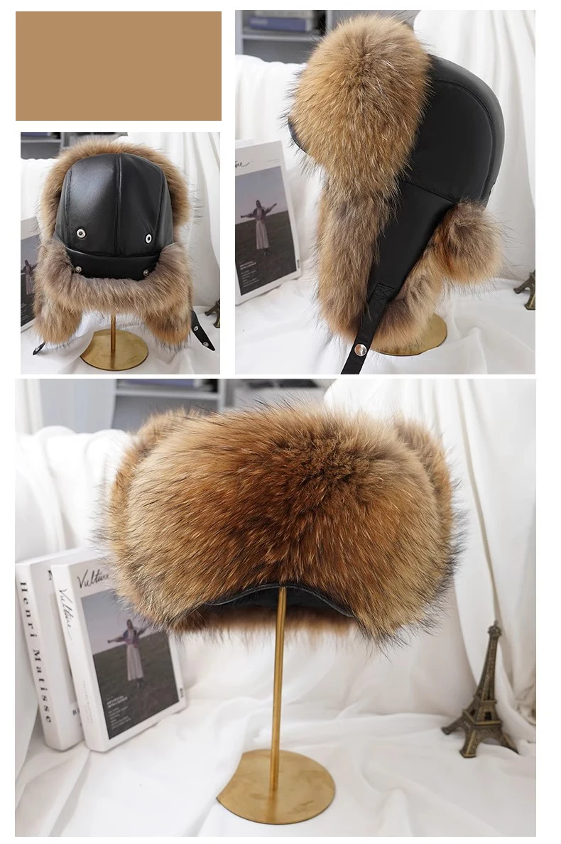 Winter 100% Echtes Silberfuchsfell Bombermütze Waschbärpelz Mütze Neue Herren-Ushanka Trapper Russische Herren-Skimütze Echte Lederkappen – Detail 13