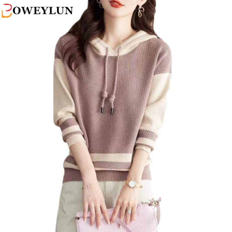 

BOWEYLUN Spring and Autumn Color Blocking Casual Hooded Knit Sweatshirt Sweatshirt for Women