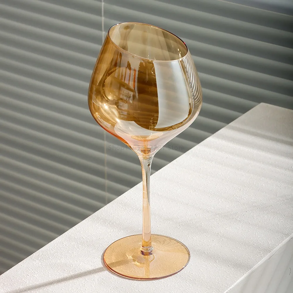 Crystal Glass Red Wine Goblet Set - Electroplated Colored Champagne Cup, Slanted Wide-Body Light Luxury Household