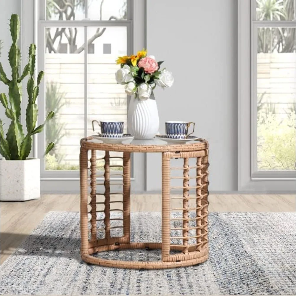 Outdoor Wicker Side Table, All-Weather Patio Rattan End Table with Glass Top, Round Coffee Table for Indoor Outdoor