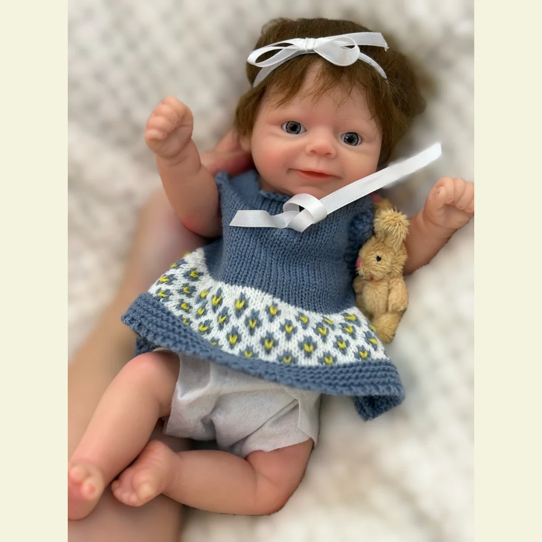 10Inch Open Eyes Soft Silicone Bebe Reborn Girl With Rooted Hair Dress in Sweather Outfits Lifelike Realistic Newborn Doll