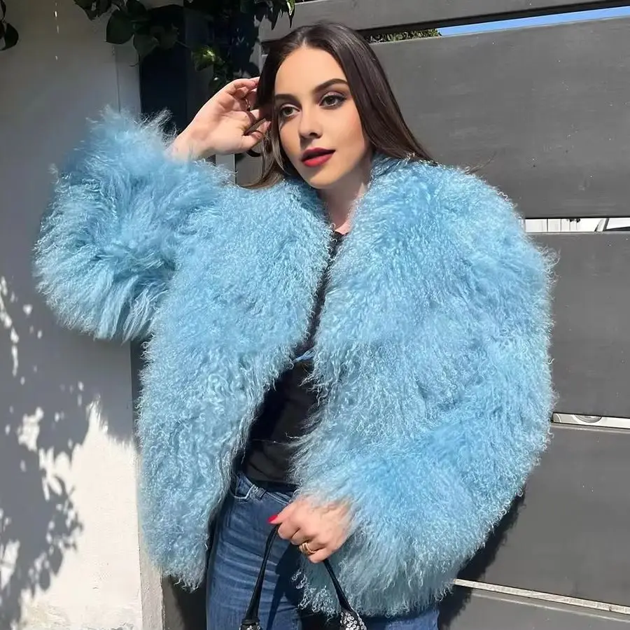 천연 양털 모피 코트 몽골 양털 재킷 티베트 양털 칼라 트렌디 명품 여성 겨울 재킷