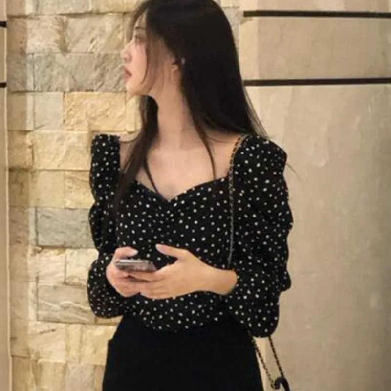 

Ele Sweet Spring Bla Floral Print Chiffon Women's irt One oulder Bubble Sve Square Collar ort Top