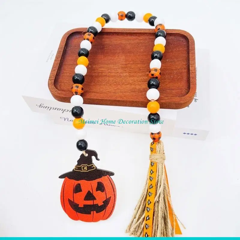 H7BF Halloween Bead Garland with Tassels Farmhouse Beads Rustic Beads