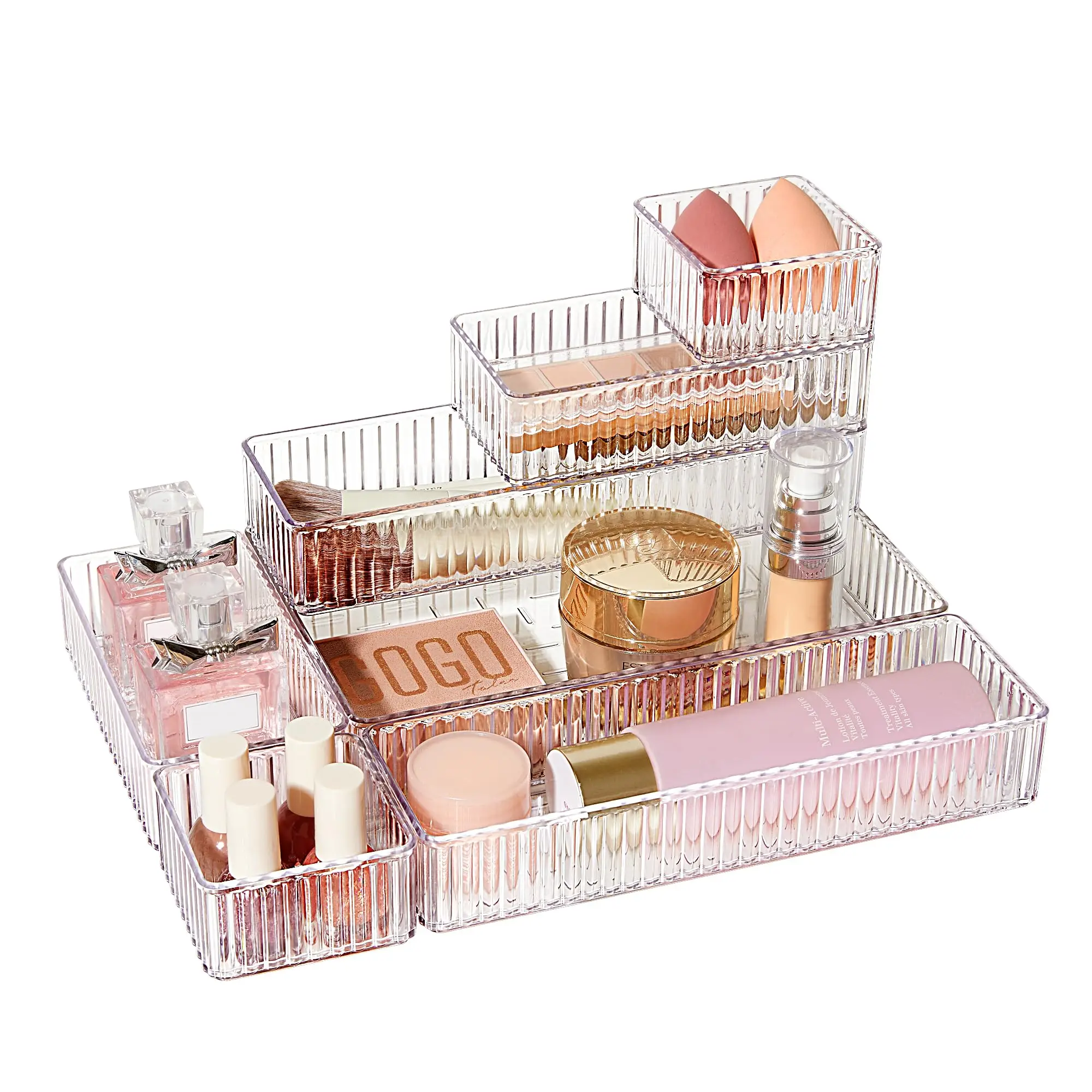 7 PCS Clear Drawer Organizers Bins, 4-Size Stackable Makeup and Vanity Drawer Organizer Trays, Acrylic Bathroom Drawer Storage