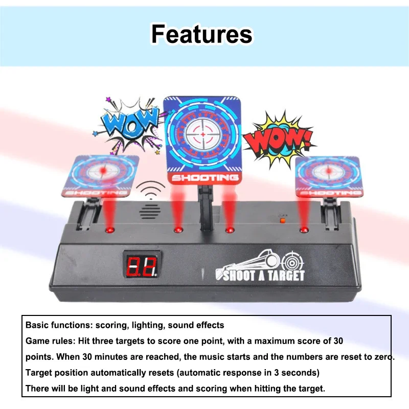 2025 versão atualizada do alvo de tiro de retorno totalmente automático, pontuação de som e luz, prática de tiro de bala macia