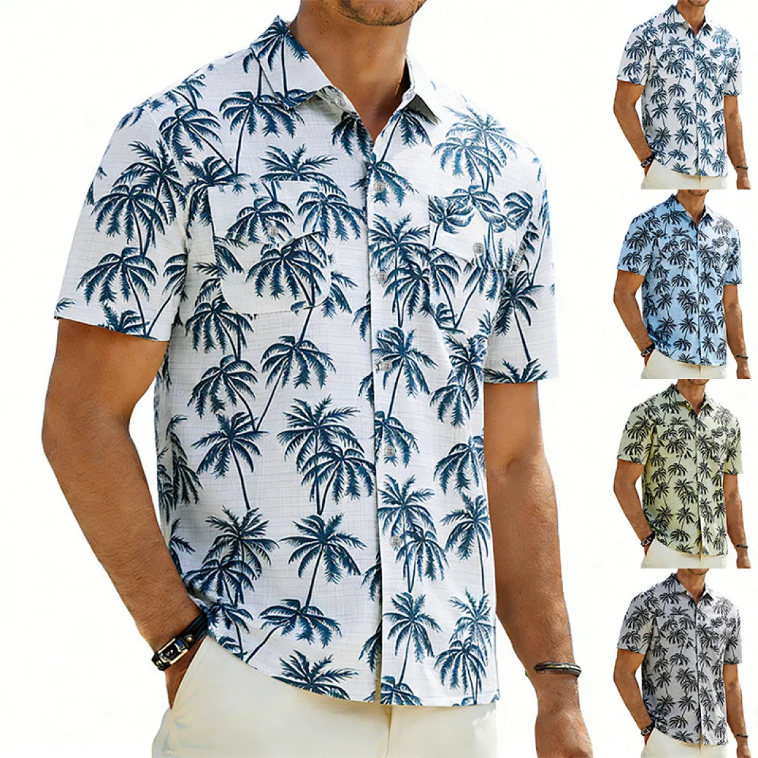 Cross-border summer new product imitation hemp bamboo loose men's tooling Hawaiian casual short-sleeved shirt