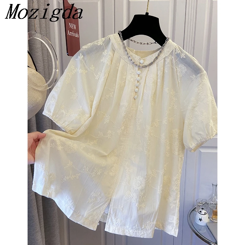 

Summer Cotton Chinese Industry Embroidered Round Neck Short Sleeve Shirt Women Style Ladies Shirts Tops Camisetas Verano Mujer