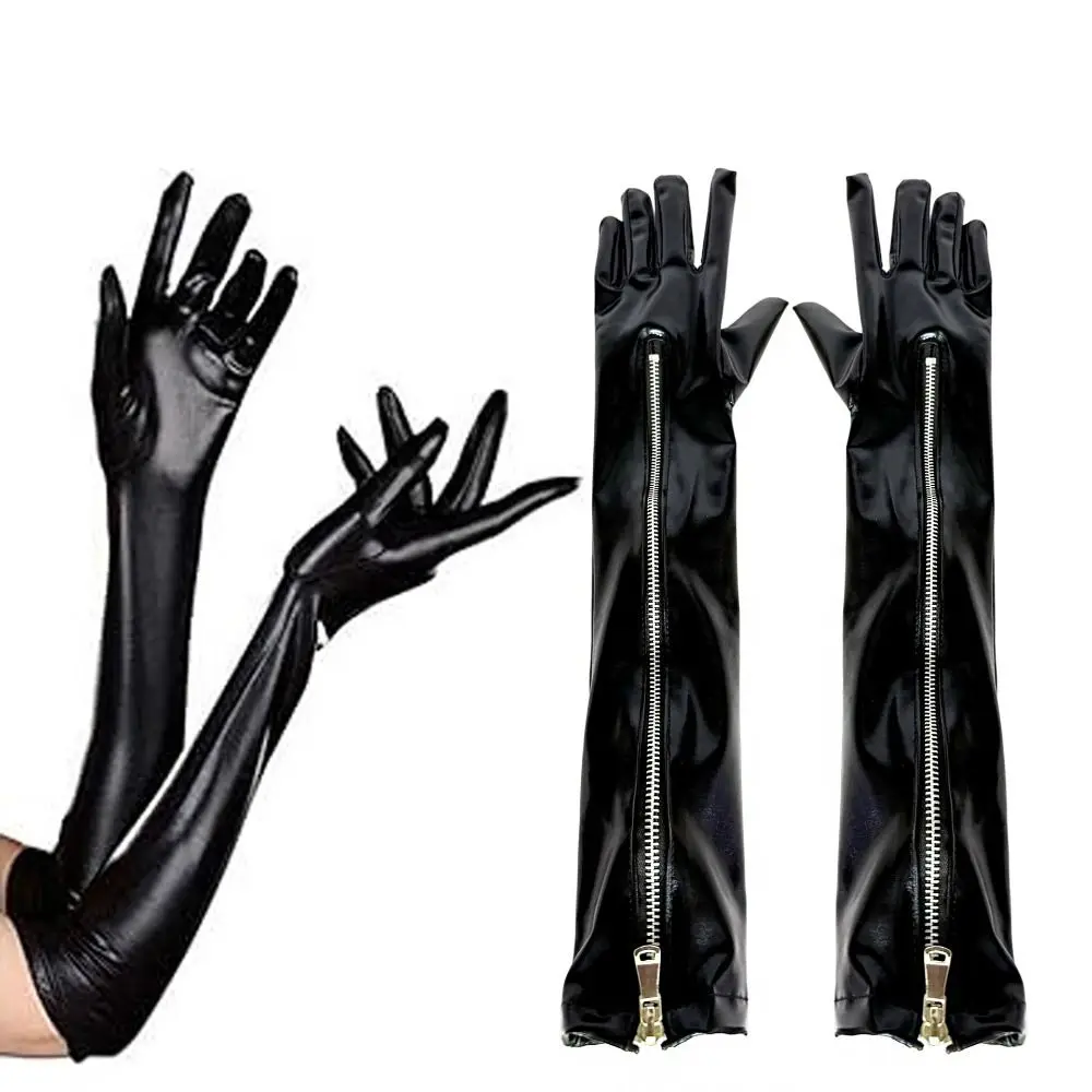 Slim Elastic Zipper Long Gloves Cloth Elbow Long Patent Leather Black Gloves Sun Protection Gothic Women Gloves Photography