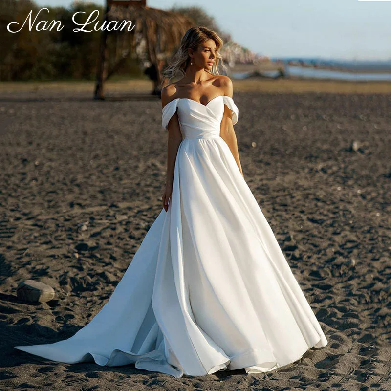 Romantic Plain Flowy Satin Wedding Dress Off Shoulder Sweetheart Neck High Waist A Line Skirt Vestidos de Novia Customized