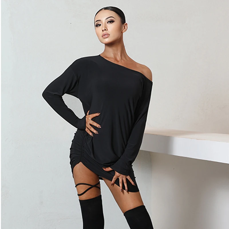 Latin Dance Dresses For Women New Drawstring Black Long Sleeve Loose Training Designer Clothes Samba Rumba Salsa Winter DNV14149