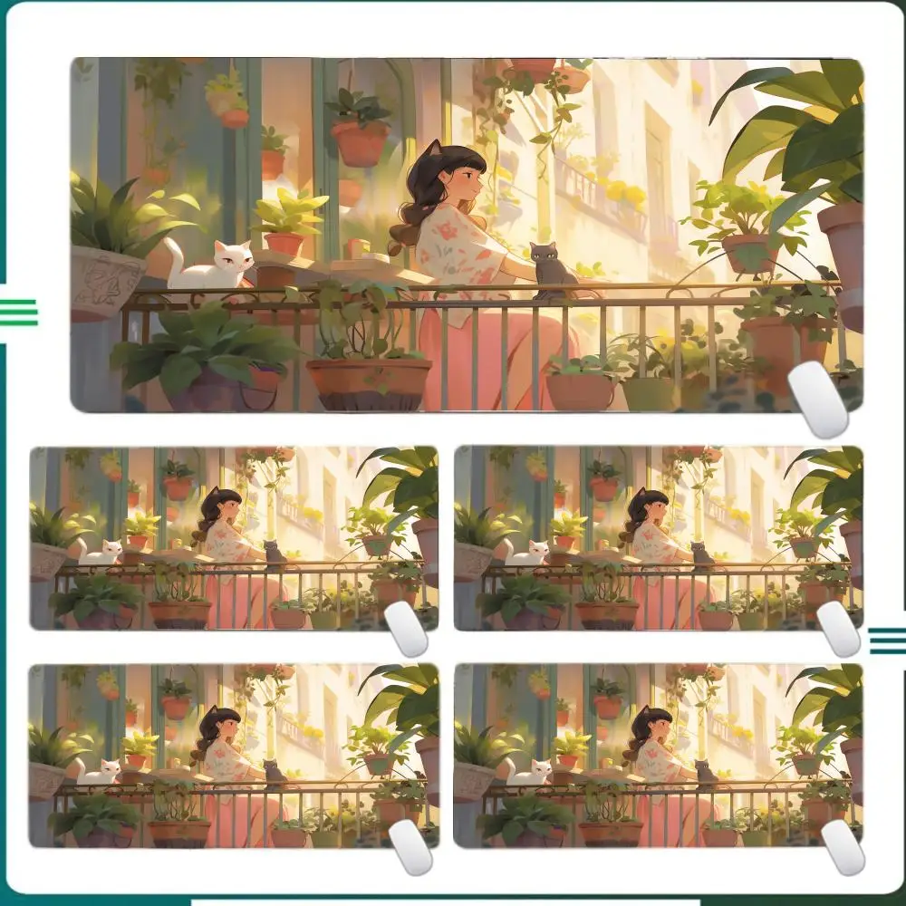 قطة سوداء ونباتات خضراء في غرفة النوم، لوحة ماوس كبيرة لطاولة مكتب الكمبيوتر، حصيرة مطاطية مضادة للانزلاق للوحة مفاتيح الألعاب #2