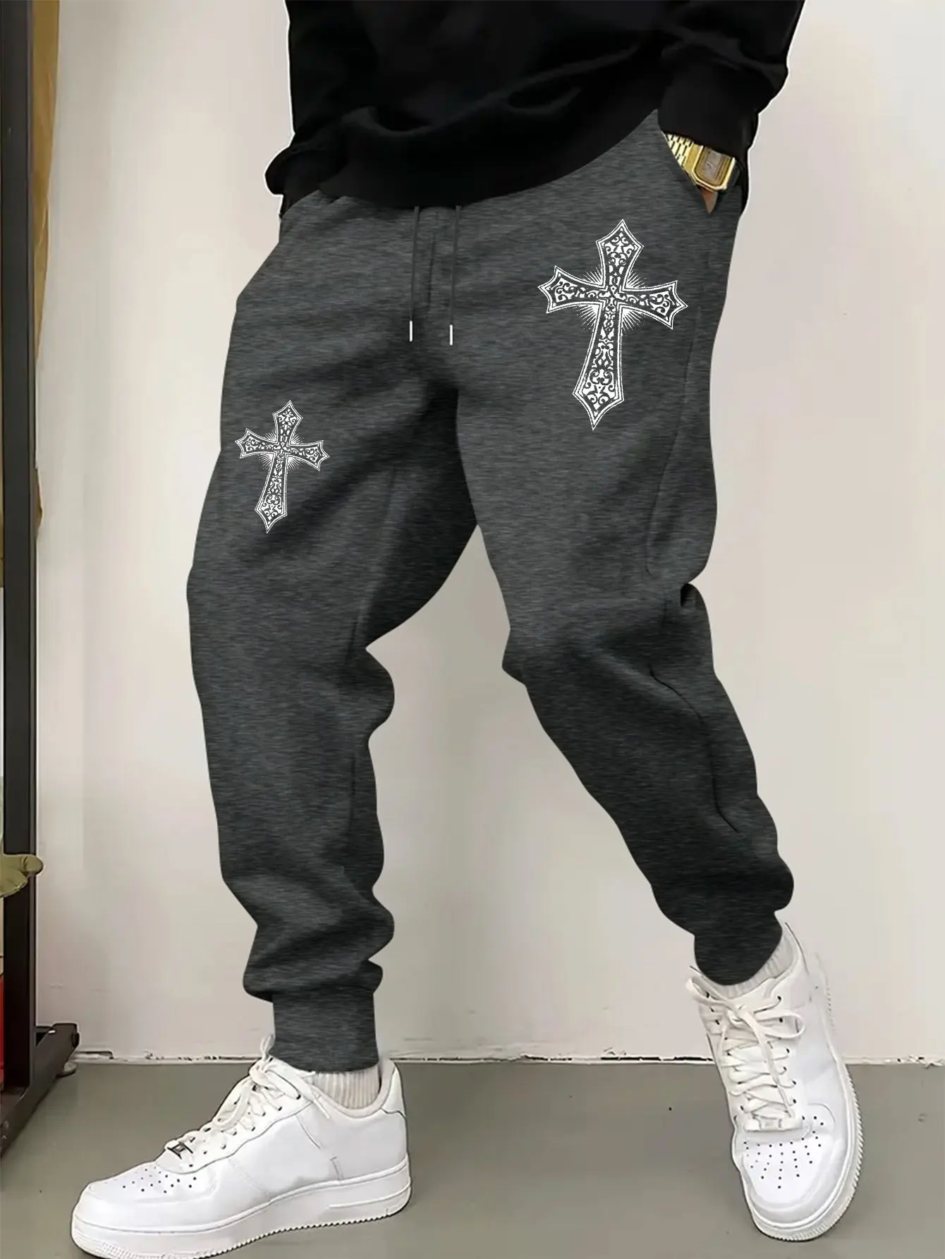 

New Men's Gothic Cross Print Trousers with Geometric Pattern for Casual Everyday Occasions Regular Fit Men's Trousers