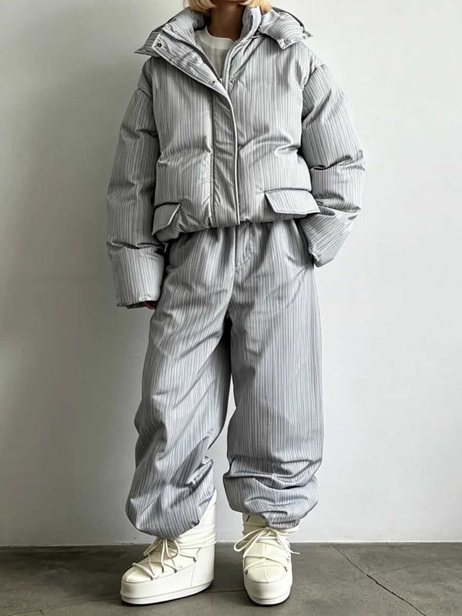 Winter new style fashionable warm striped and polka dot printed loose-fitting drawstring cotton coat