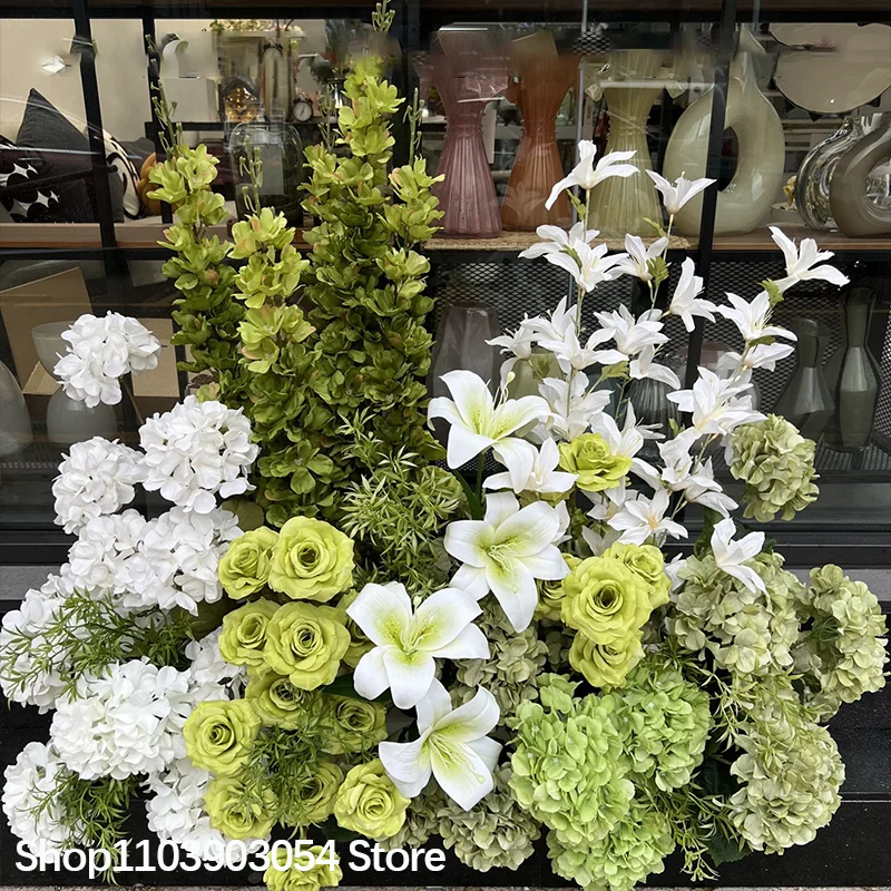 3D Grüne Pflanzen Rosen-Hortensien-Blumenreihe Hochzeitstisch Floristik Kommerzielle Platz-Trennwand Hotel-Szenen-Layout Bodenblumen-Dekoration – Detail 2