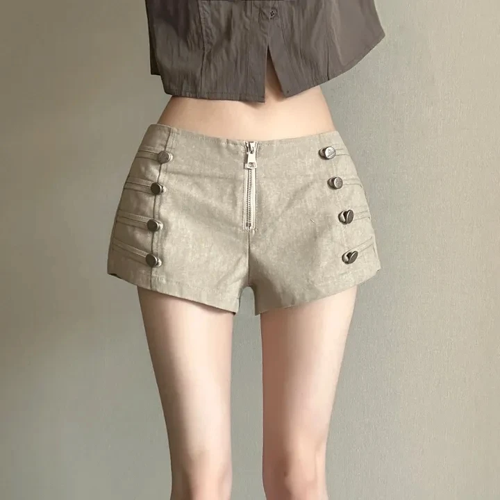 Korean Style Napoleon Double Button Zipper Shorts Retro Spicy Girl Slimming Straight Casual Pants Versatile Mid-Low Waist