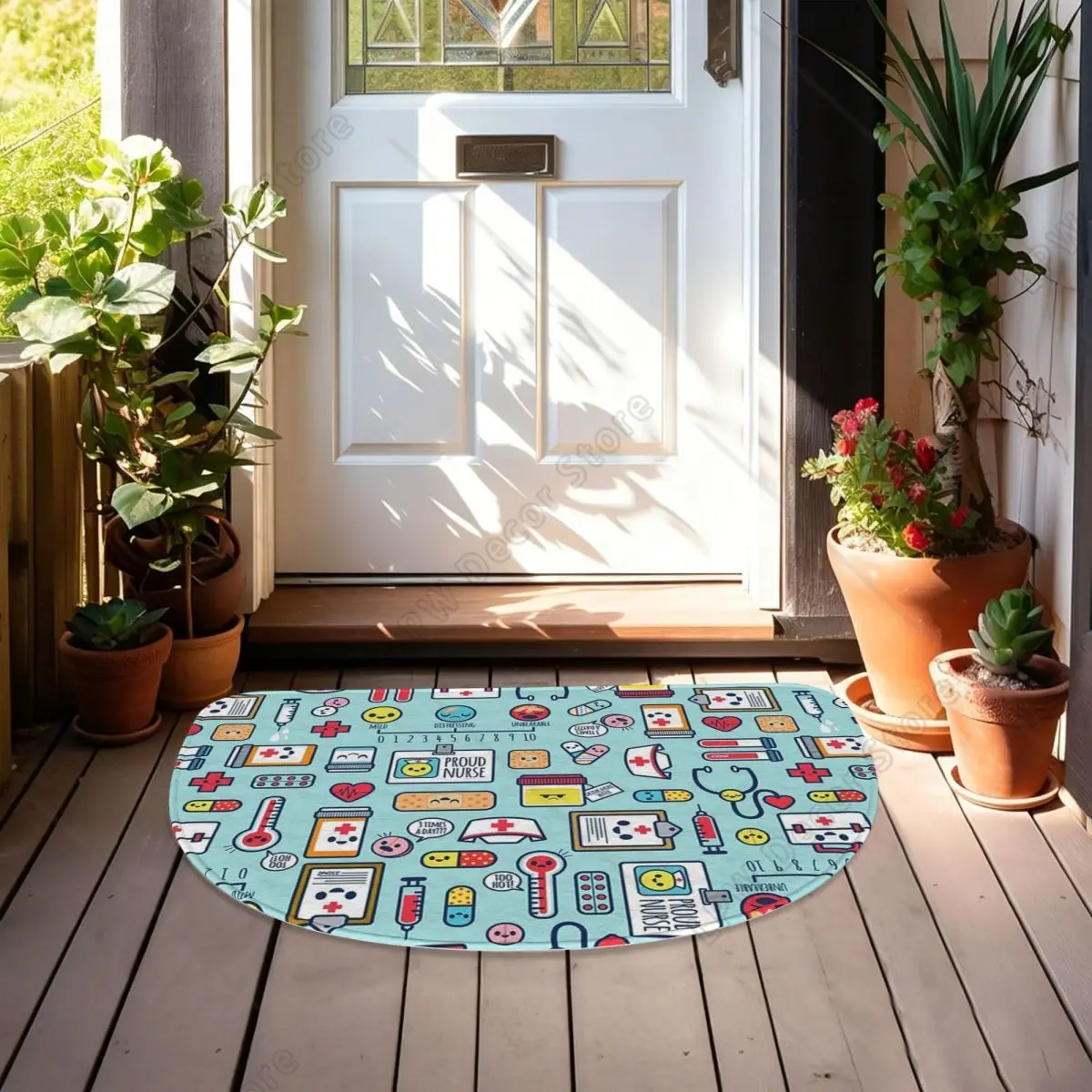 Proud To Be A Nurse Surface Pattern Design Blue Soft Flannel Half Round Doormat Non Slip Bathroom Mat Absorbent Floor Carpet