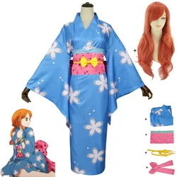 Anime Nami Cosplay Costume East Blue Wano Kuni Country Japanese Blue Kimono Dress Wig Adult Woman Sexy Carnival Halloween Suit