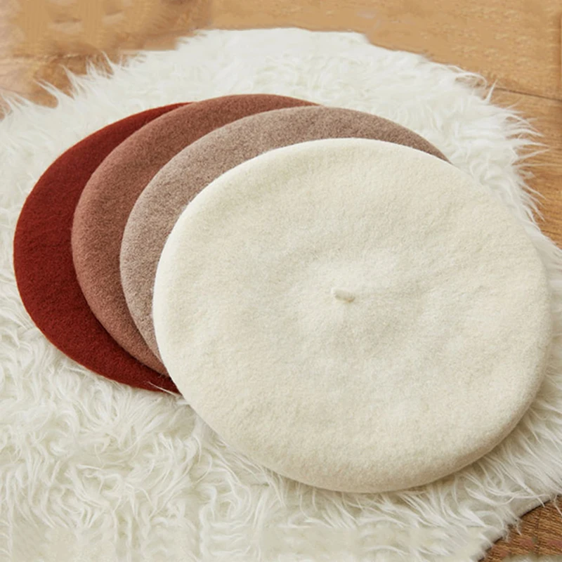 Winter 100%% Wool Black Beret Hat - French Beret -Solid Color Beret Cap for Women Girls Spring Autumn