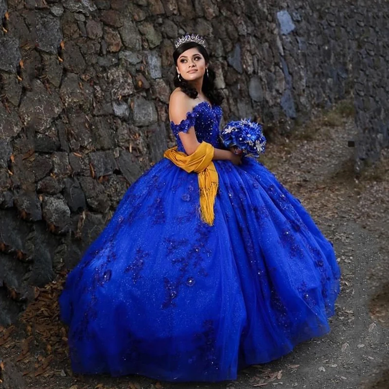 فساتين Quinceanera مصنوعة حسب الطلب باللون الأزرق الملكي Vestidos De 15 Años ثلاثية الأبعاد مزينة بالزهور مطرز بالخرز لحفلات عيد ميلاد الأميرة فستان حفلة موسيقية ساخن