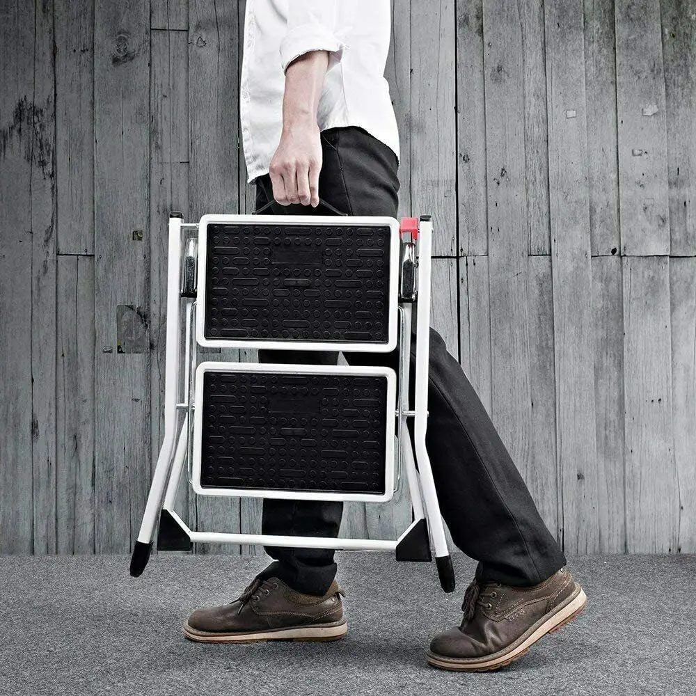 Immagine 6: Sgabello a 2 gradini, piccolo sgabello pieghevole leggero con gradini di sicurezza antiscivolo, scaletta portatile per cucina domestica