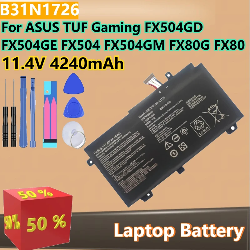 

Для ASUS TUF Gaming FX504GD FX504GE FX504 FX504GM FX80G FX80 11,4 В 4240 мАч Высококачественная батарея для ноутбука B31N1726 с инструментами