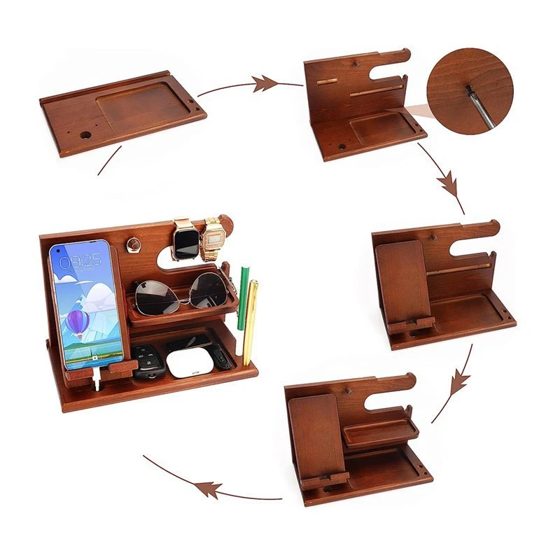 Wooden Bedside Wood Phone Docking Station Holder Wallet Watch Stander Storage Rack Key Sunglasses Organizers For Iphone