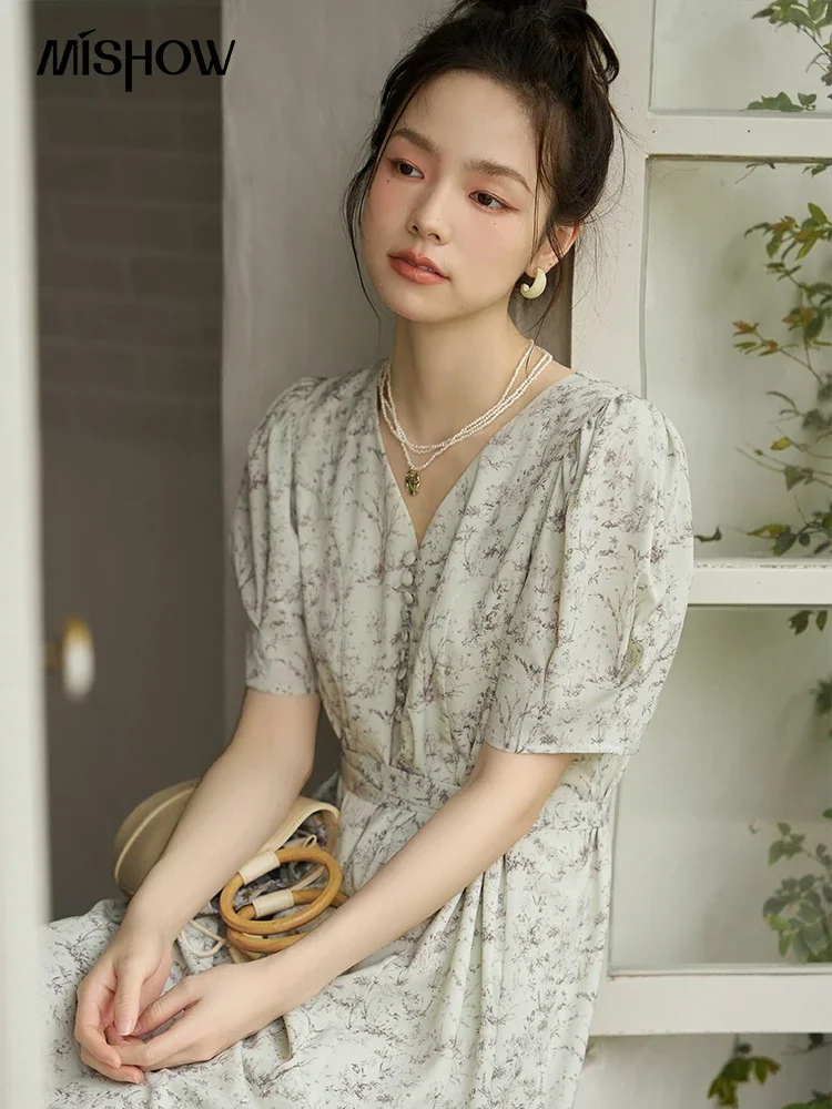 MISHOW French Floral Dresses for Women Summer V-neck Chiffon Puff Sleeve A-LINE Slim Seaside Vacation Midi Dress MXC36L1342