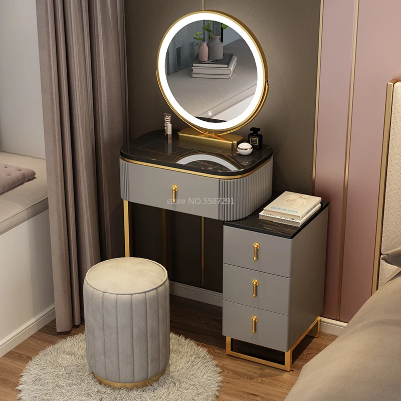 Meuble de maquillage en ardoise avec miroirs pour filles, vanité de maquillage minimaliste intégrée, armoire de rangement de chevet pour chambre à