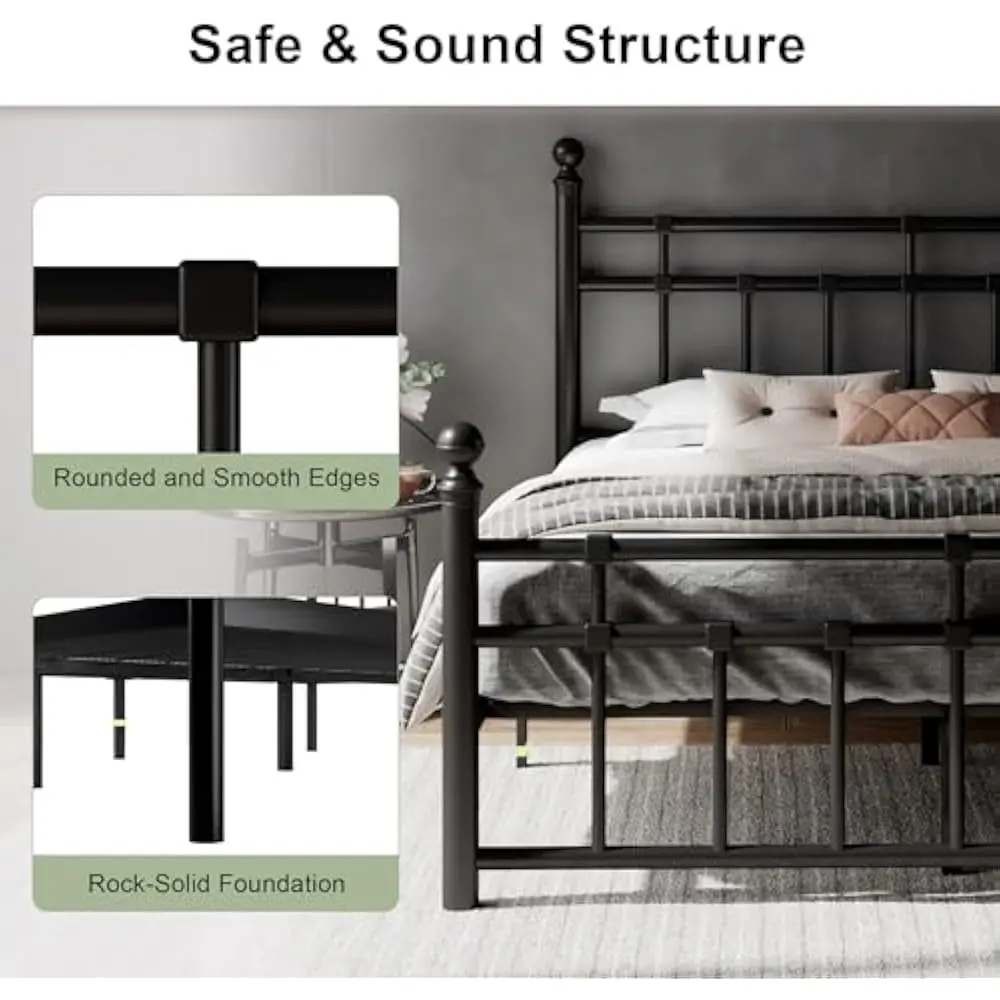 إطار سرير كامل الحجم مع لوح أمامي ولوح قدم كلاسيكي من الحديد، شرائح شديدة التحمل، تخزين تحت السرير مقاس 12 بوصة، لا حاجة إلى صندوق زنبركي #3