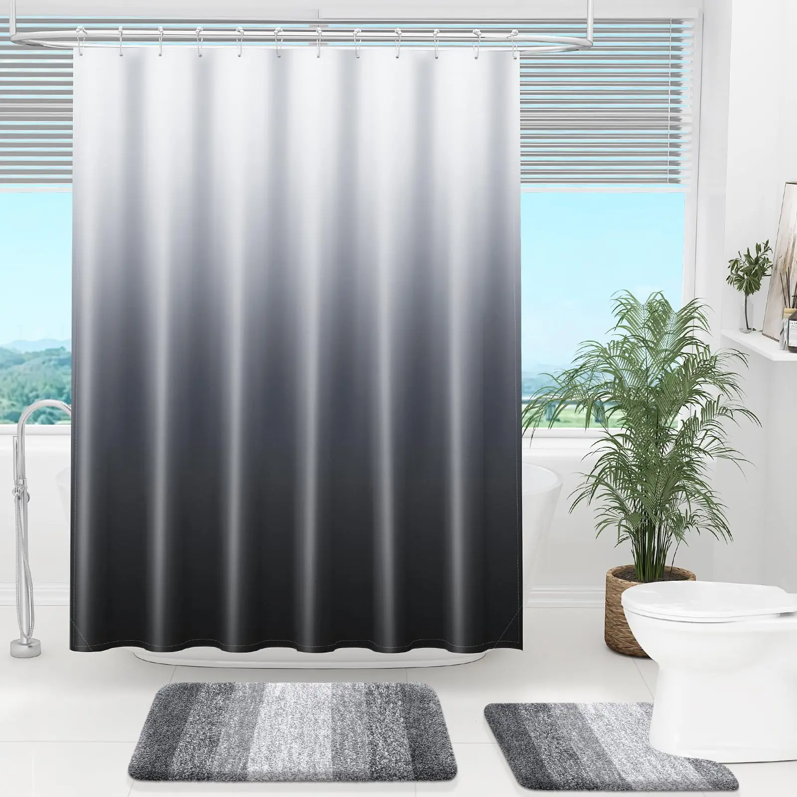 Deluxe Shower curtain, black gray gradient shower curtain set with 12 shower curtain rings, waterproof and washable 72x72 inches