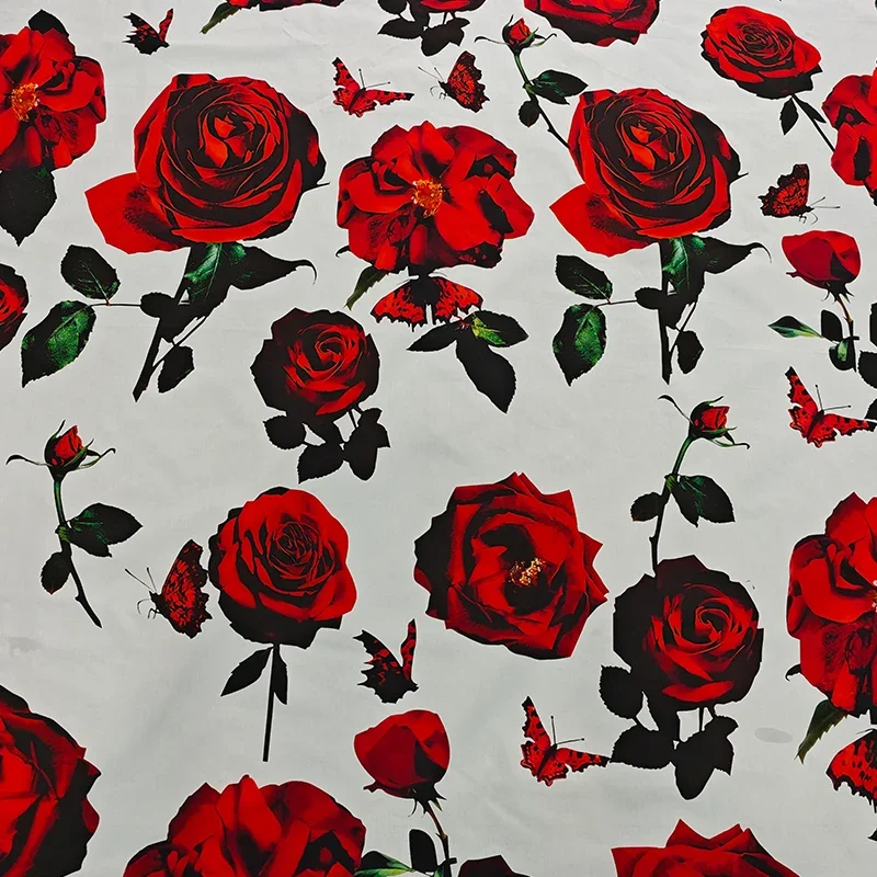 Red Rose Print Pattern DIY High Quality Pure Cotton Clothing Fabric Brand Spring Summer Runway Women\'s Dresses Fabric Cloth