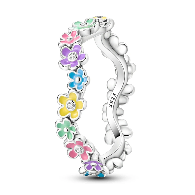 Original 925 Sterling Silver Rings Colorful Oil Drip Flower Rings For Women Girls Jewelry Birthday Anniversary Gifts