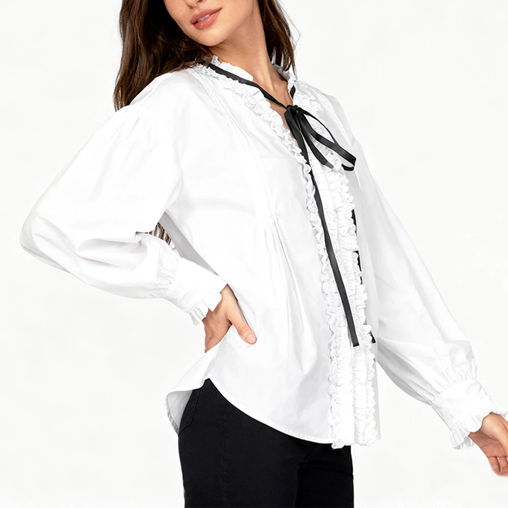 

Spring Autumn Women White Blouse Long Sleeve V Neck Loose Fit Ruffled Cuff Bow Tie Lace Trim Casual Office Elegant Top