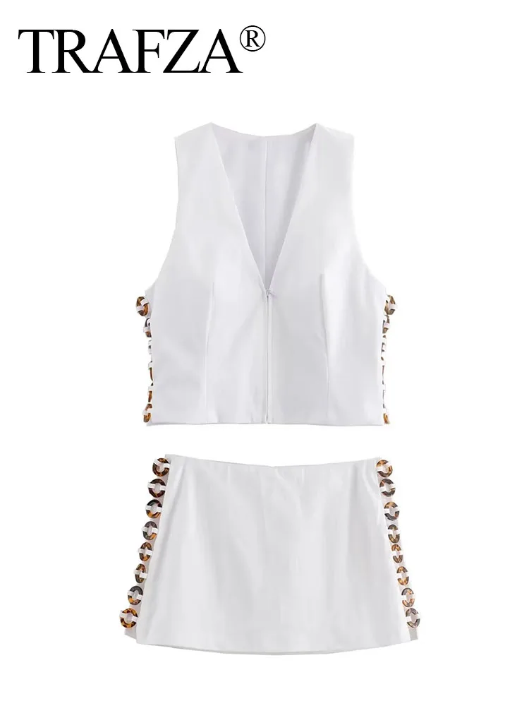 TRAFZA Women Culottes Suit Sexy V-Neck Sleeveless Solid White Slim Vest Top+2024 Side Ring Hollow Design Chic Mini Skirt Shorts