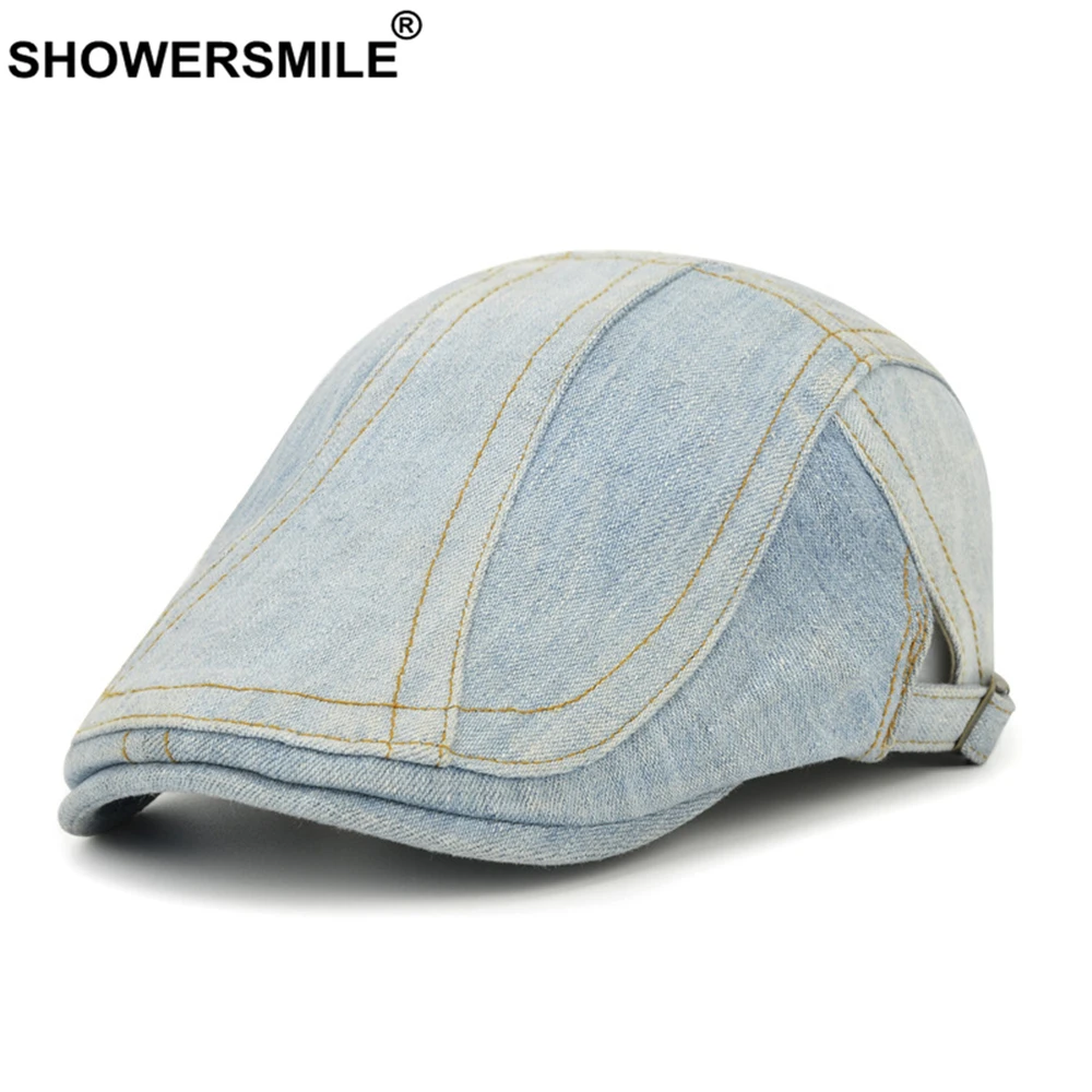 SHOWERSMILE Denim Flat Cap for Men Women Beret Hat Casual Irish Cap Blue British Retro Male Female Adjustable Ivy Cabbie Cap