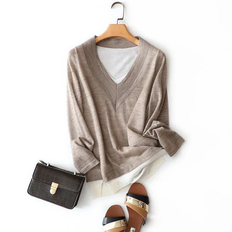 

aliaga autumn new style 100% cashmere v neck sweater women patchwork fashion long sleeve pullovers
