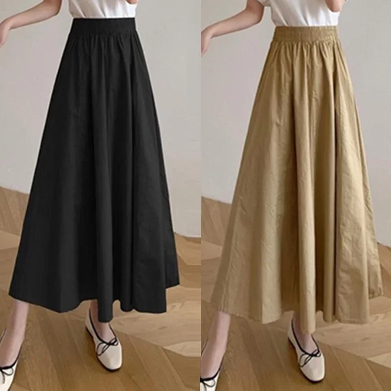 Spring Summer Autumn Elastic High Waist Loose Women All-match Midi Skirt Female Long Skirt Student Teenage Girls A-line Skirts