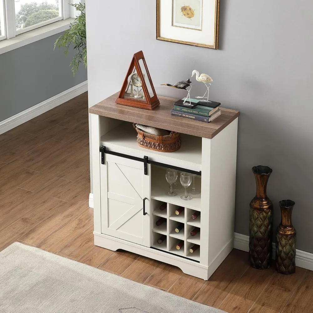 Wine Cabinet with Sliding Barn Door & Open Shelf, Liquor Cabinet with Rack for Inside Cabine，Buffet Table for Dining R