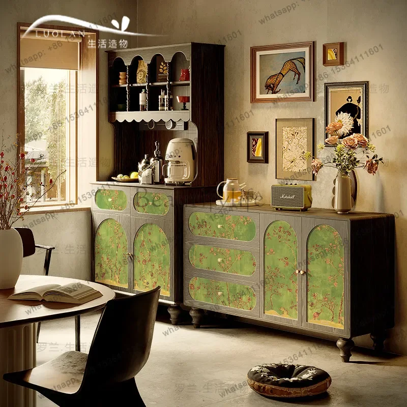 

12French green retro solid wood dining side cabinet, living room flower and bird tea storage decorative cabinet