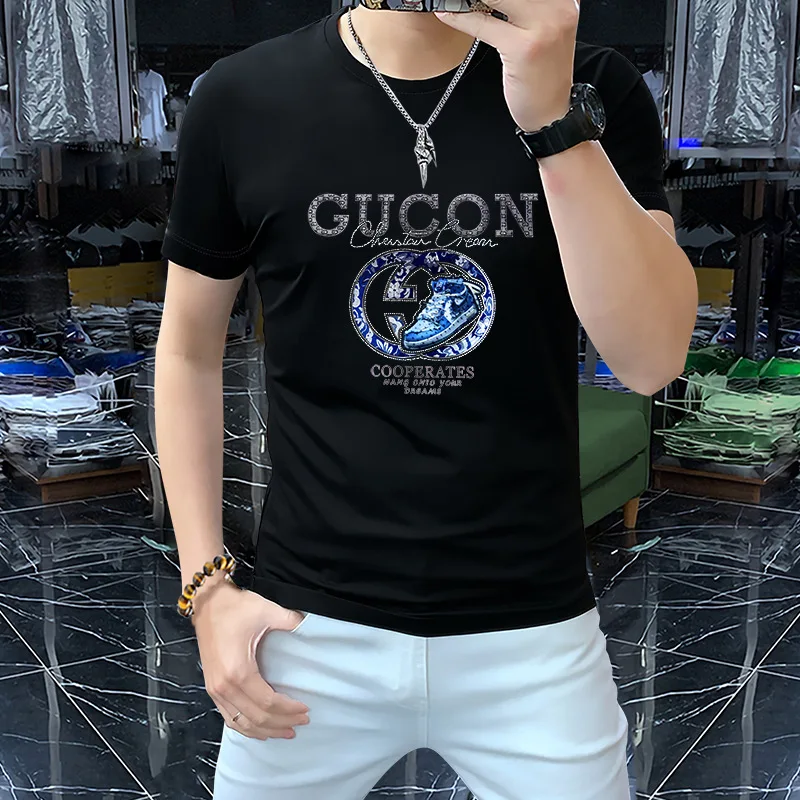 Luxury Men\'s T-shirt Summer Fashionable Hot Diamond 3D Letter Trendy Male Tees Silky Cotton Comfortable Round Neck Man Clothing