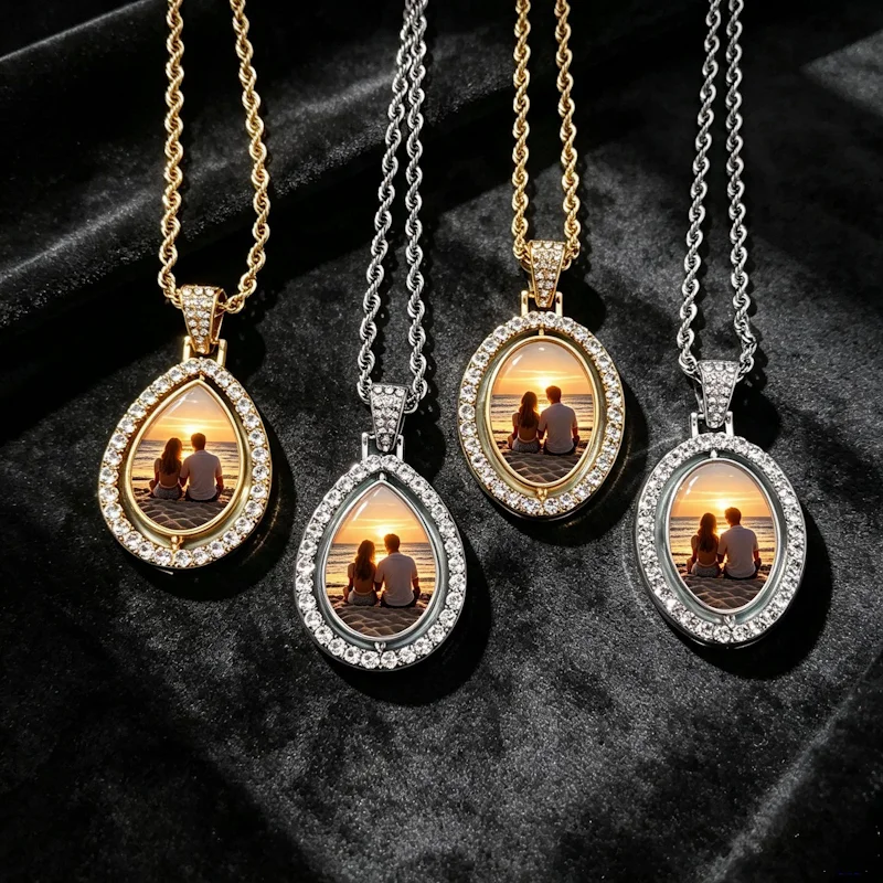Personalised rotating double-sided photo necklace, customised picture pendant necklace, memory keepsake jewellery gift