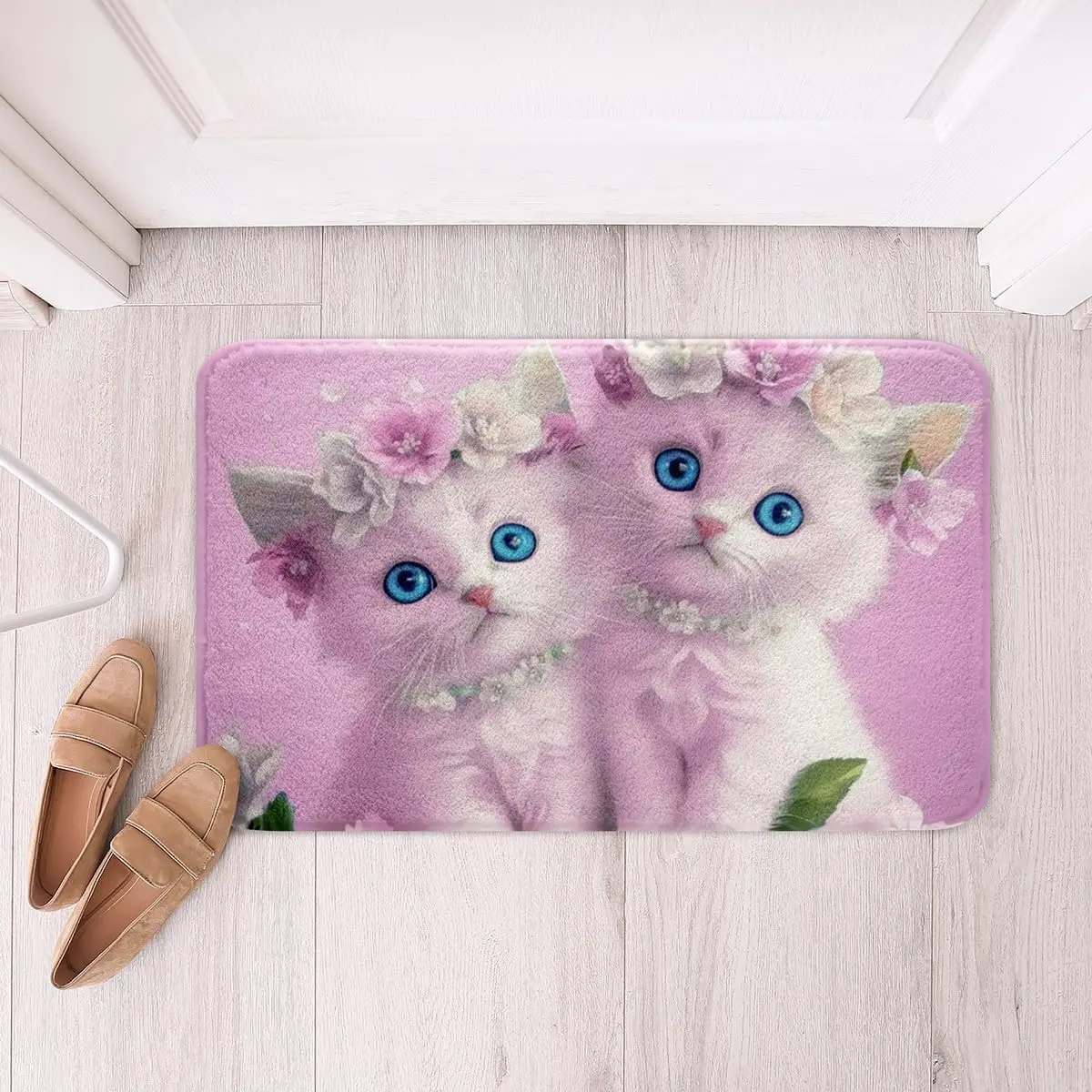 Cats Bath Mat Cartoon Kitten Door Mat for Kids Boys Girls Cute Flower Animal Bathroom Rug Cat Lover Entrance Rug Pink White