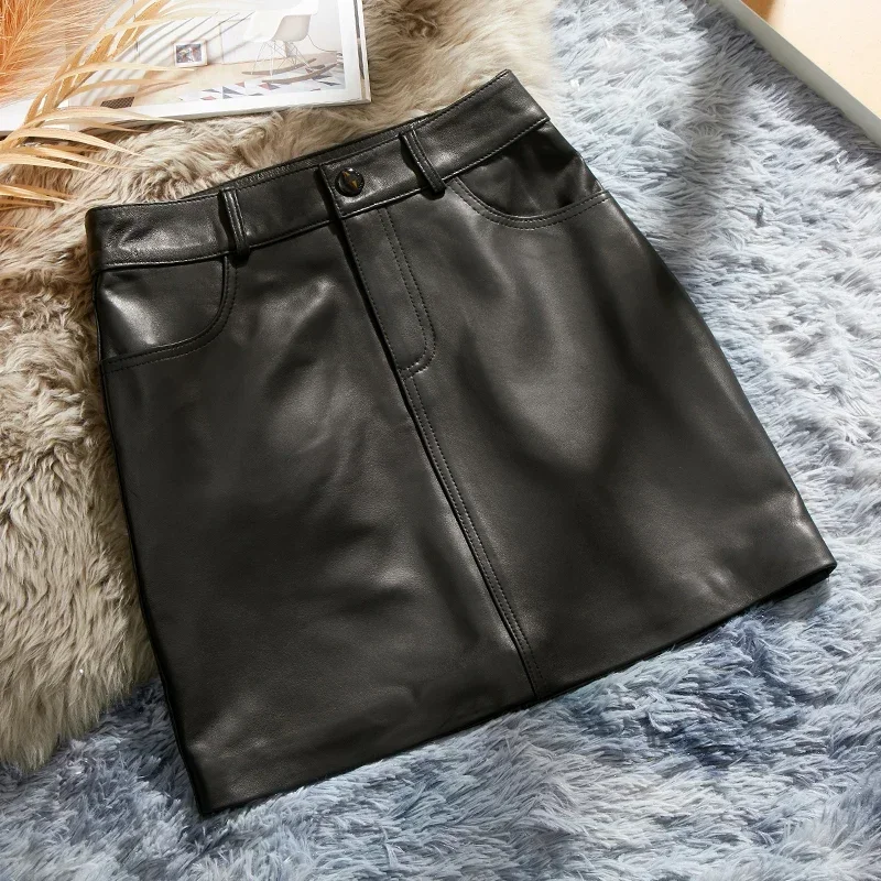 100% Real Sheepskin Leather Skirts for Women Spring Autumn 2023 Female High Waist Skirts Sexy Slim Mini Skirt Falda Mujer Zjt240