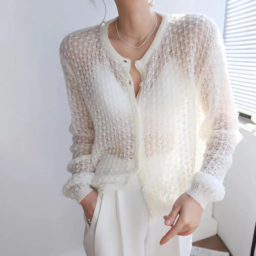 

O-Neck Long Sleeves See-Through Ribbed Trim Knitted Coat Women Spring Autumn Buttons Placket Twist Cardigan Sweater Outerwear