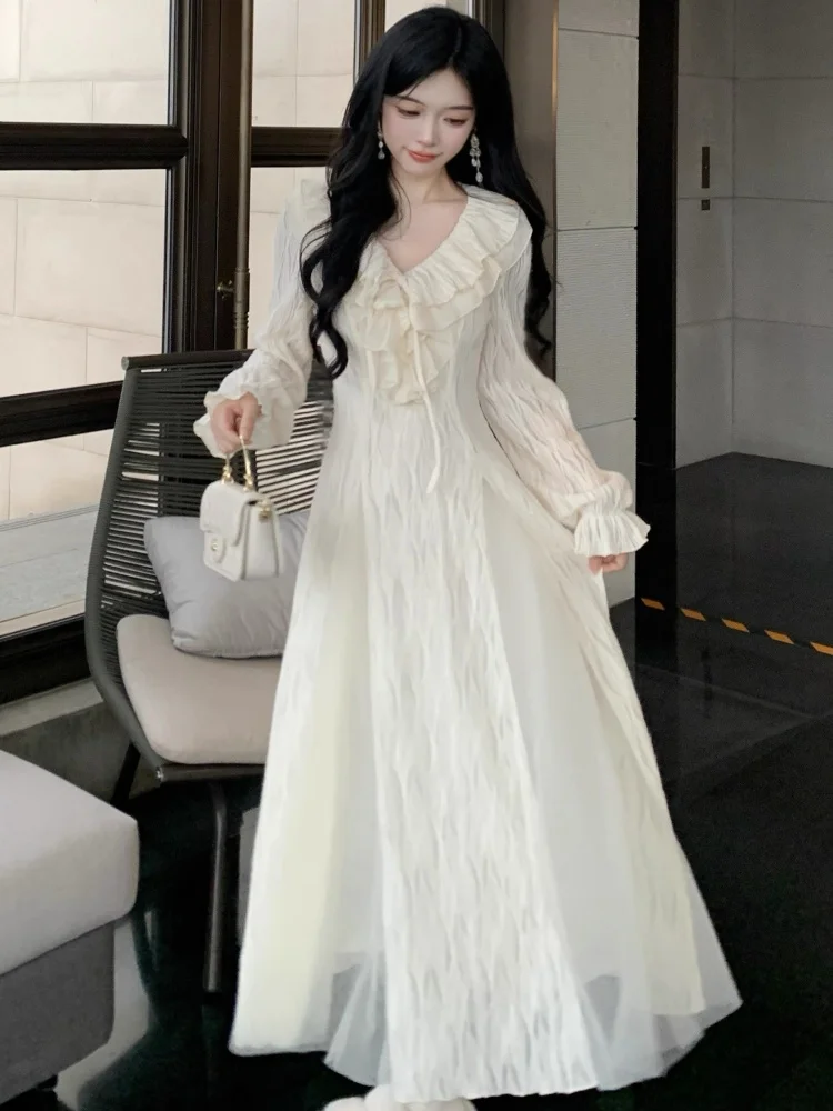 

Autumn Elegant Solid Ruffles Fairy Dresses Korean Fashion Slim A Line Midi Dress Women Princess Party Vestidos New