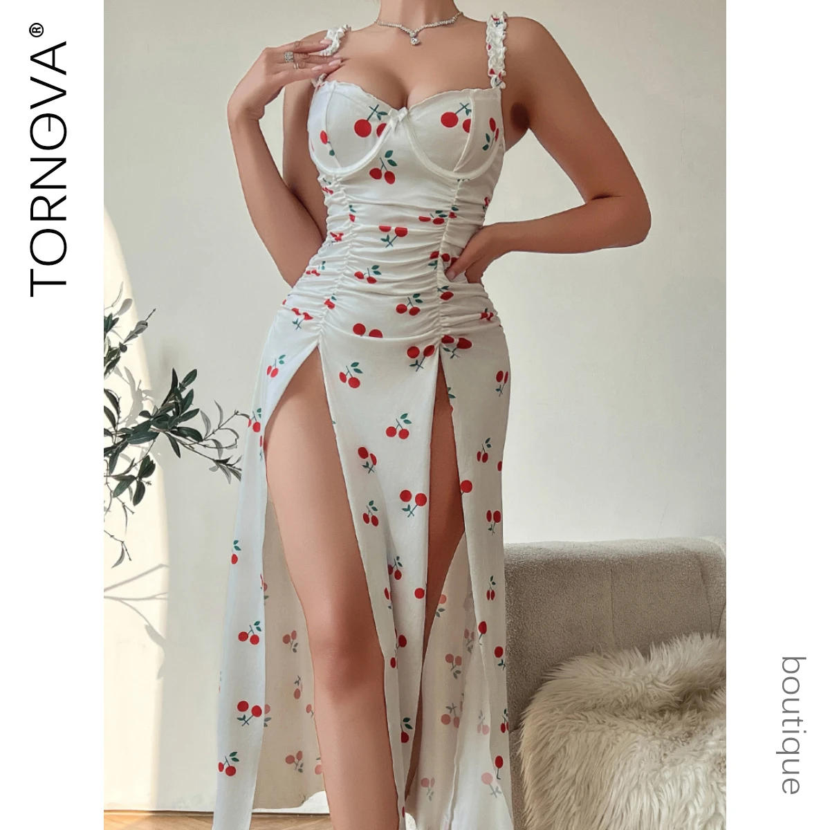 

Tornova Sexy Lingerie Suit for Women Cherry Printed Sling Women's Dress Pajama Thong Set Sexy Backless Long Slit Dress Set New