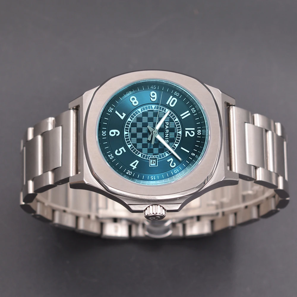 2024 luksusowy Parnis 42MM niebieska tarcza mechaniczny automatyczny zegarek męski szafirowe szkło kalendarz męski zegarek na rękę relogios masculino prezent