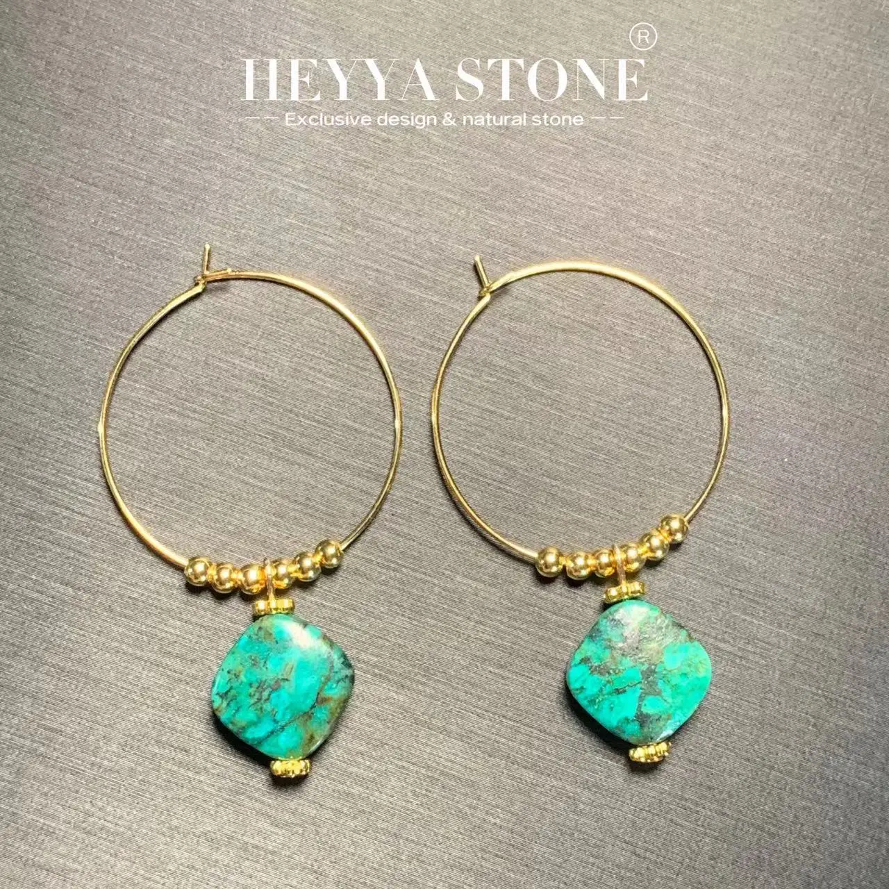 HEYYA STONE Natural Turquoise Hoop Earrings Simple Classic Round Circle Gemstone Jewelry Handmade 14K GOLD exclusive