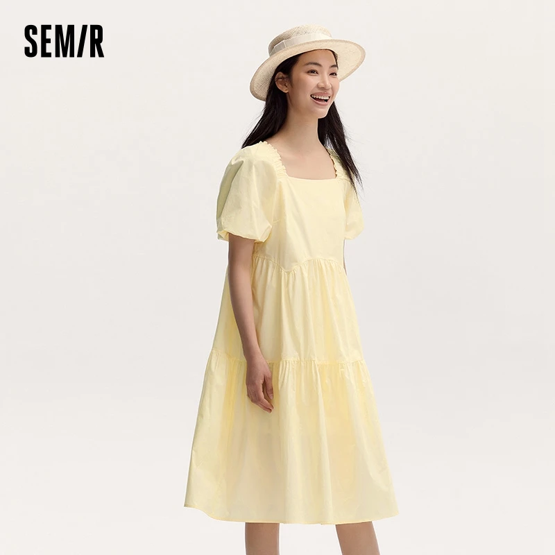 Semir Dress Women Gentle And Feminine Style With Ruffled Trim And Square Neckline 2024 Summer New Bubble Sleeves Doll Dress